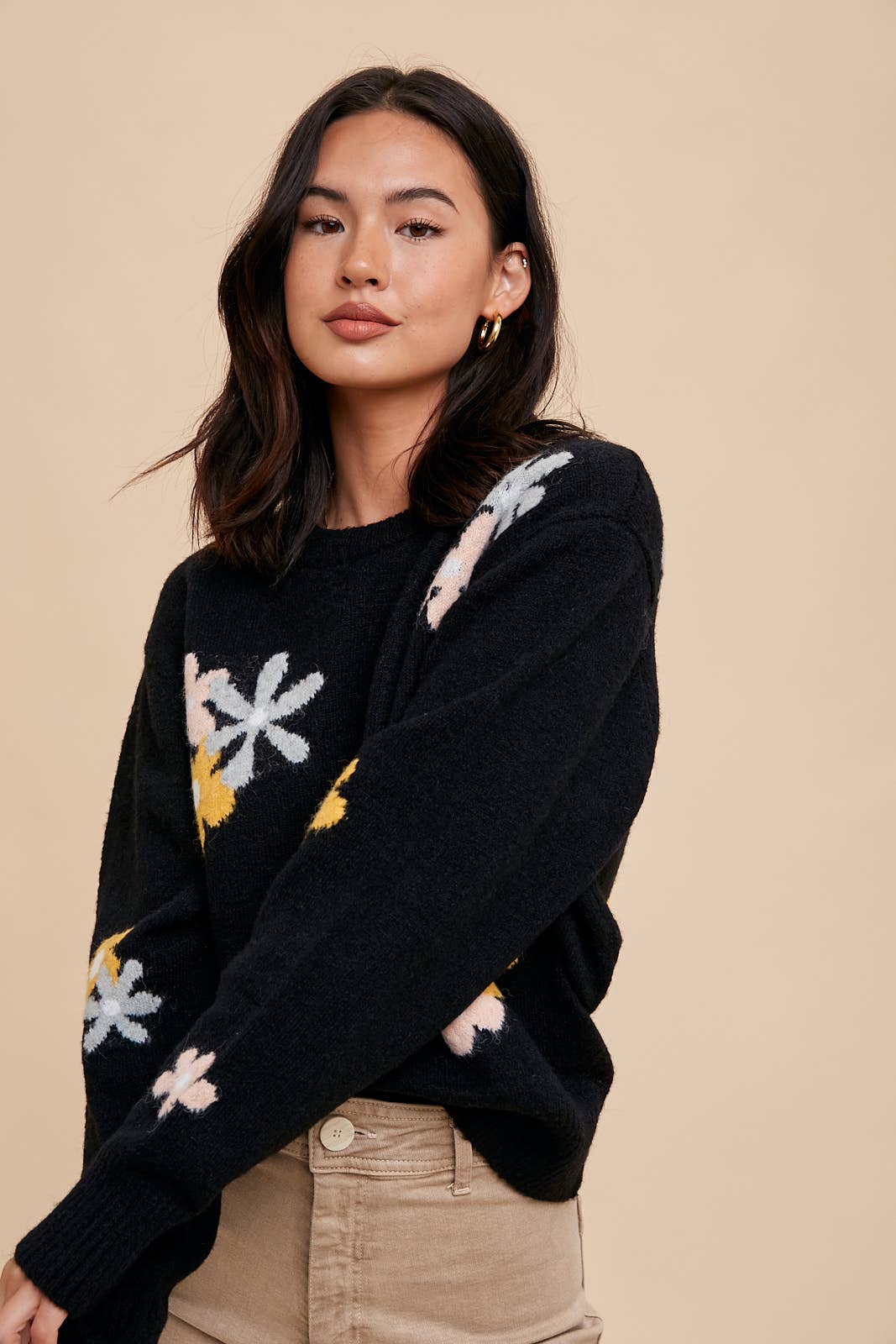 FLORAL CREW NECK INTARSIA SWEATER