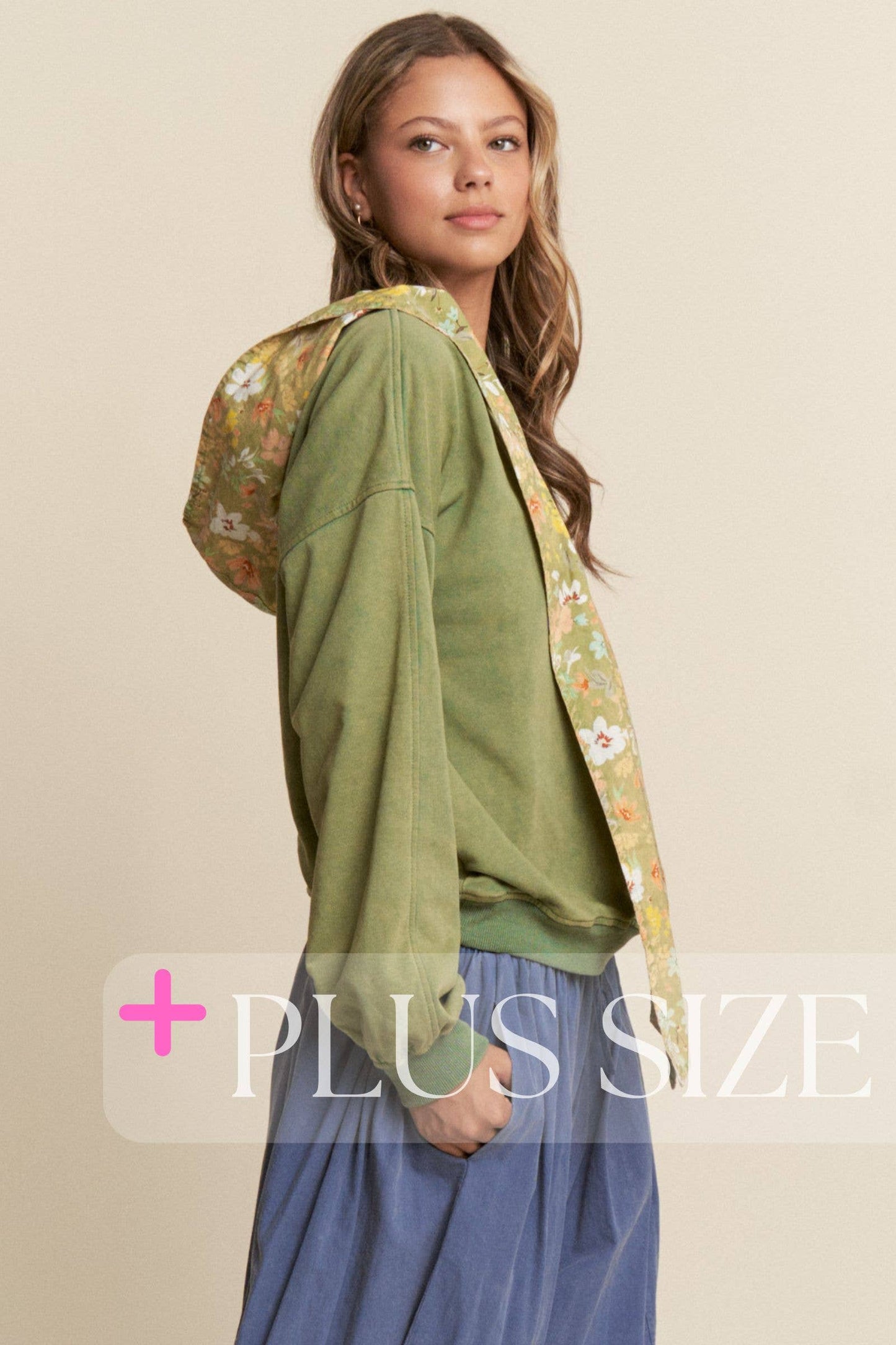 Mineral Washed Floral Print Hooded Pull-Over  S-L/1X-3X