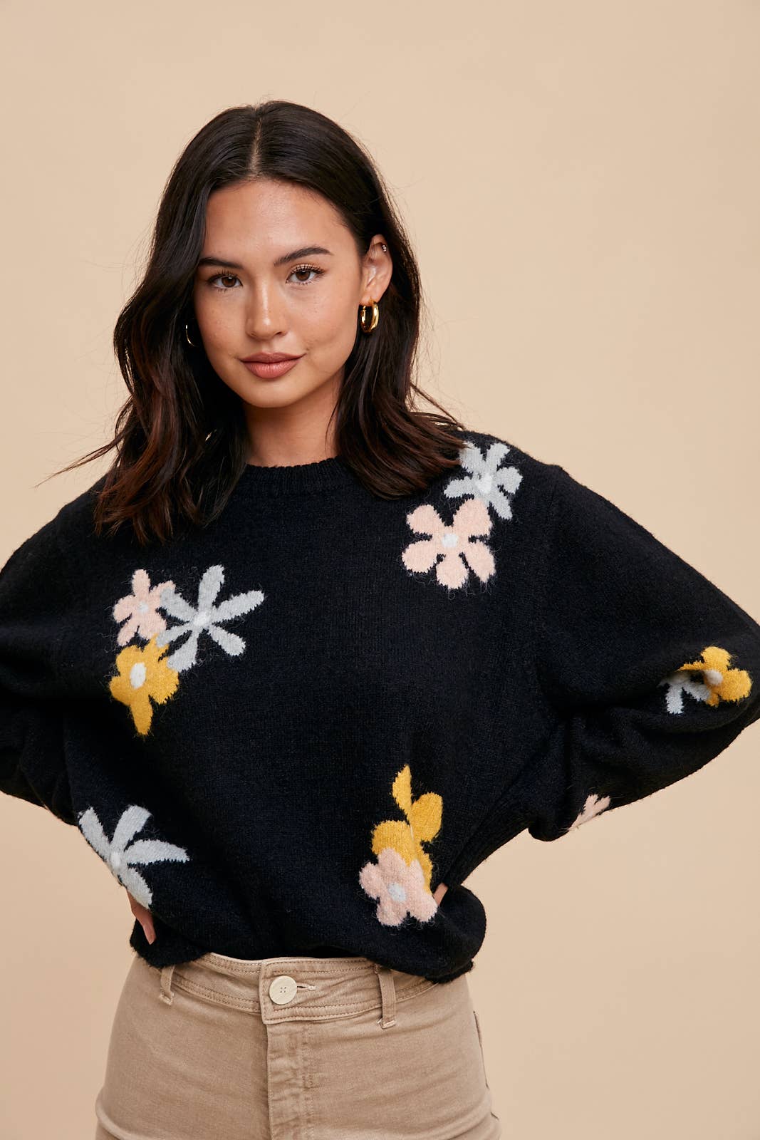 FLORAL CREW NECK INTARSIA SWEATER