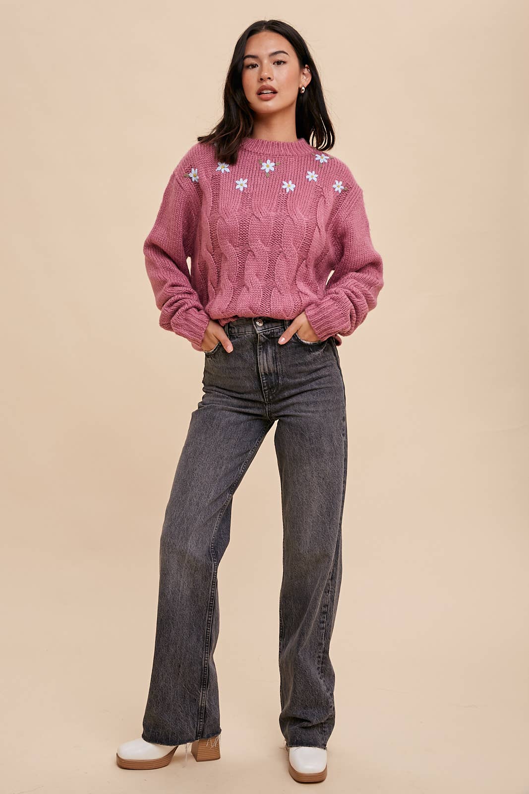 FLORAL CABLE KNIT SWEATER