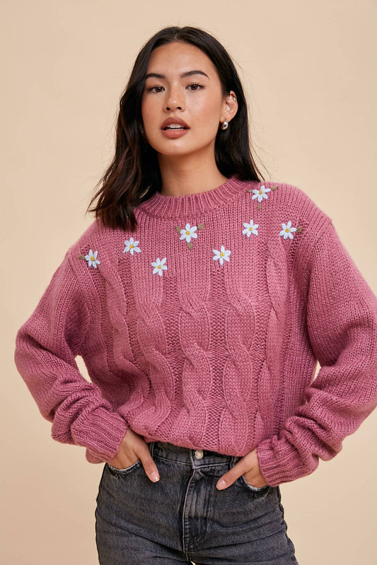 FLORAL CABLE KNIT SWEATER