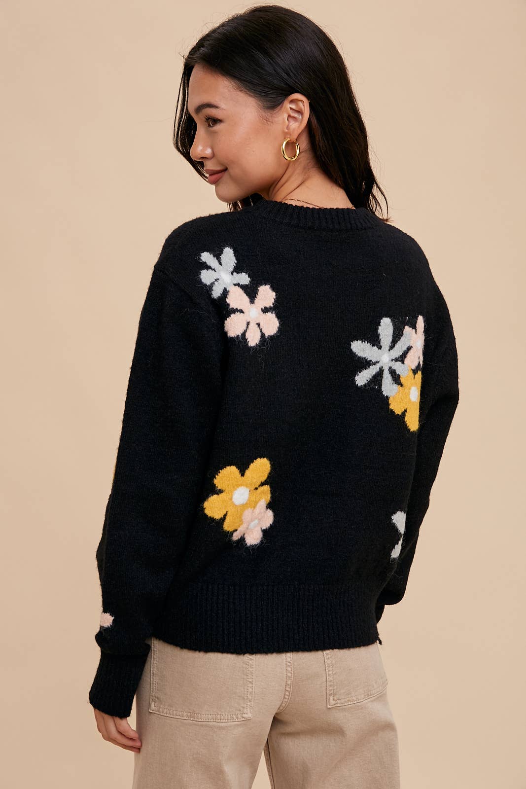 FLORAL CREW NECK INTARSIA SWEATER