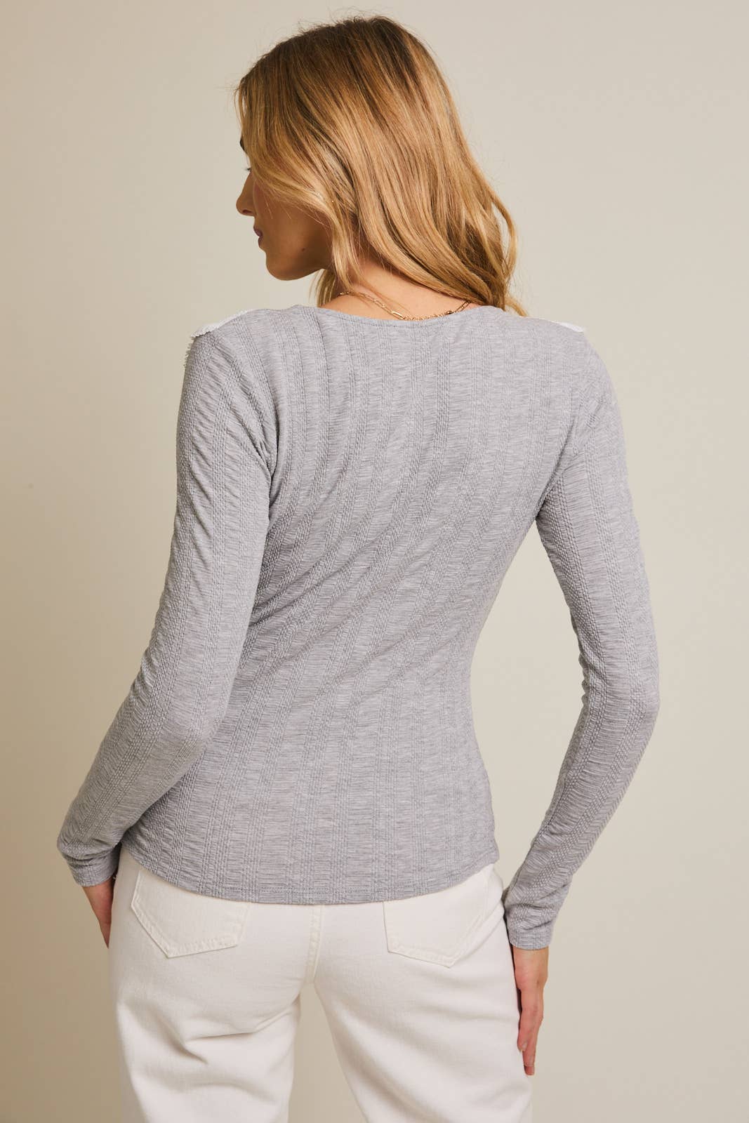 ROUND NECK LACE TRIM DETAIL LONG SLEEVE TOP