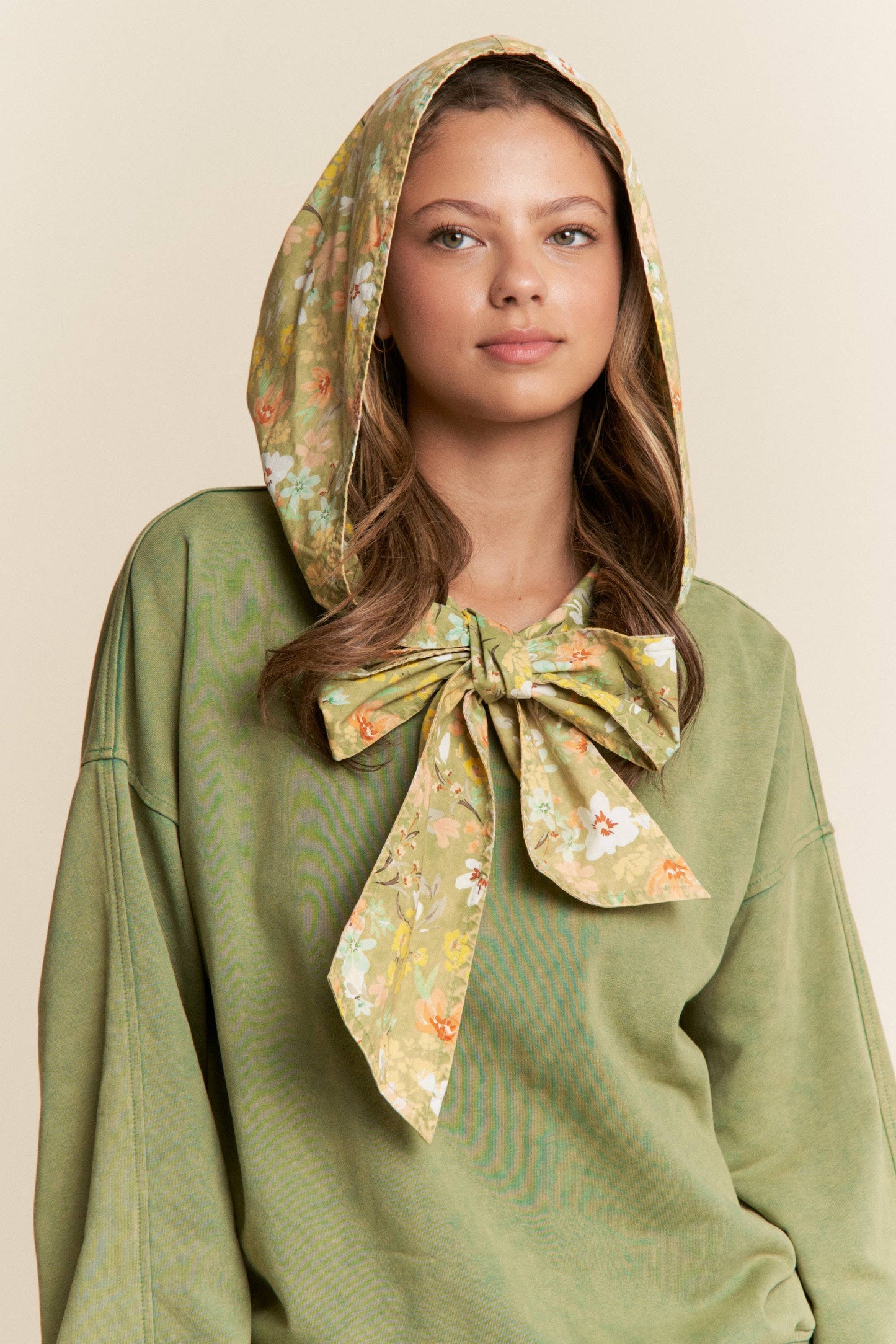 Mineral Washed Floral Print Hooded Pull-Over  S-L/1X-3X