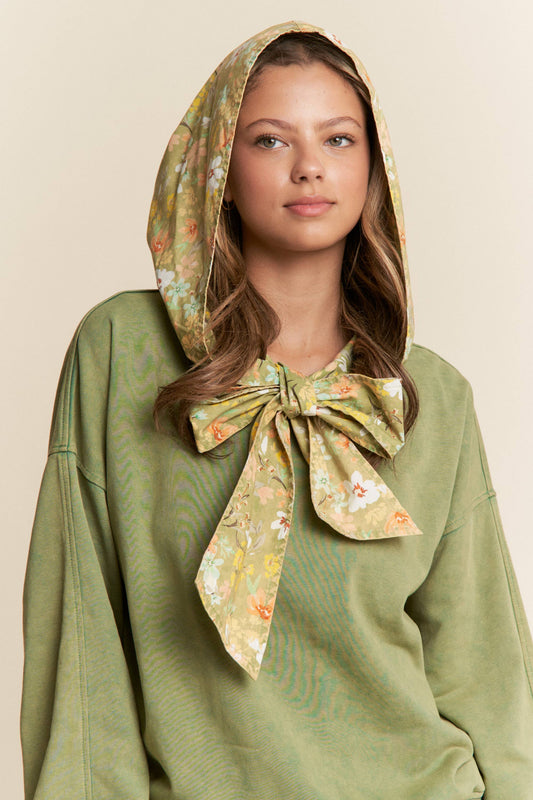 Mineral Washed Floral Print Hooded Pull-Over  S-L/1X-3X