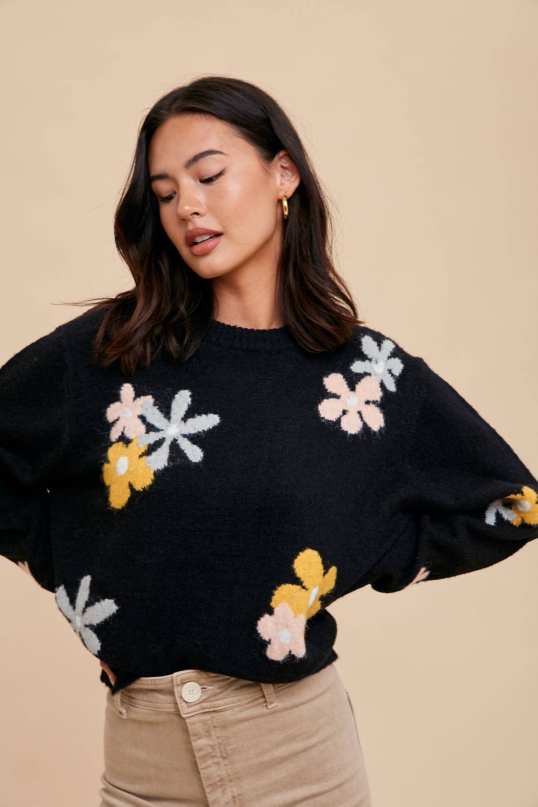 FLORAL CREW NECK INTARSIA SWEATER
