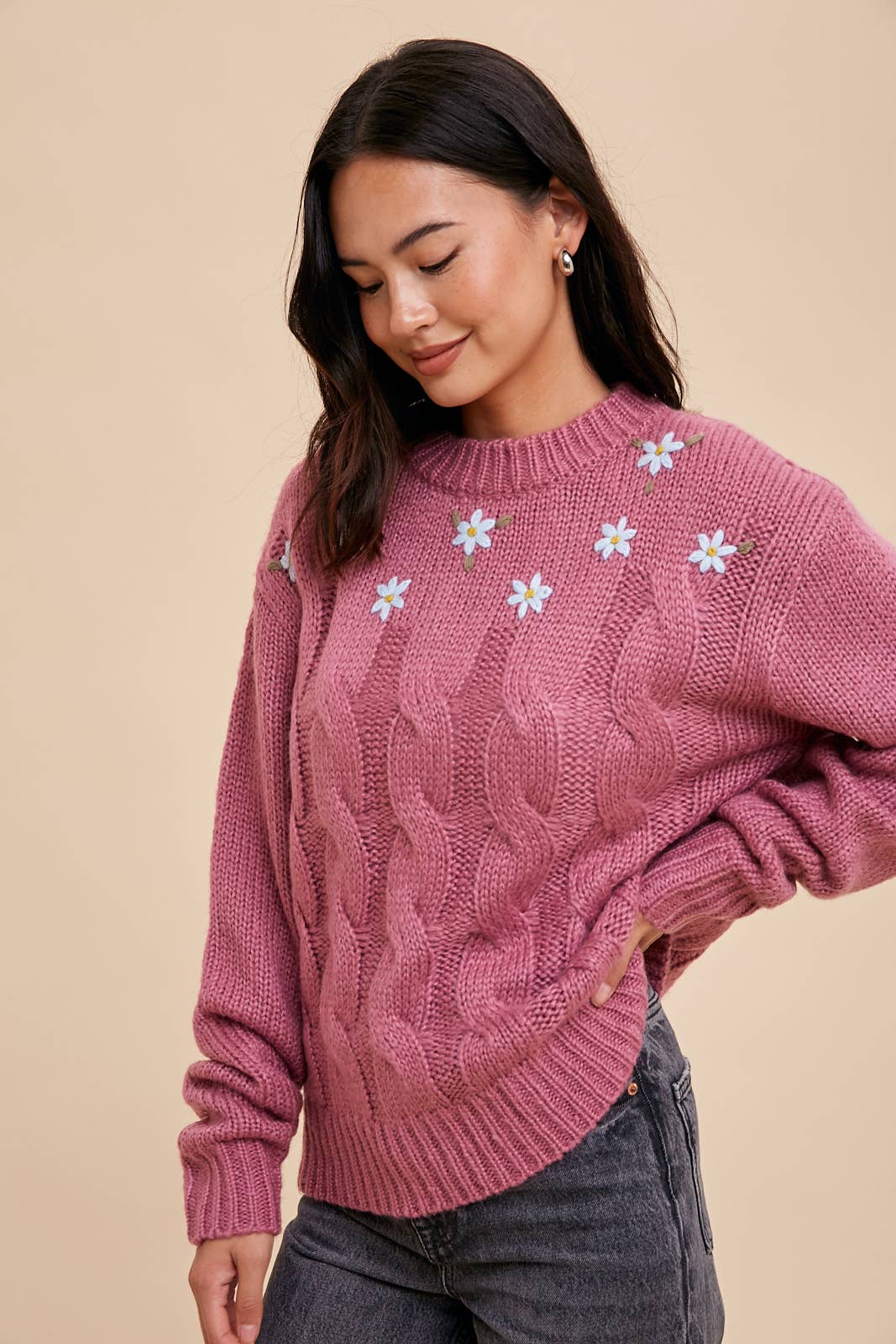 FLORAL CABLE KNIT SWEATER