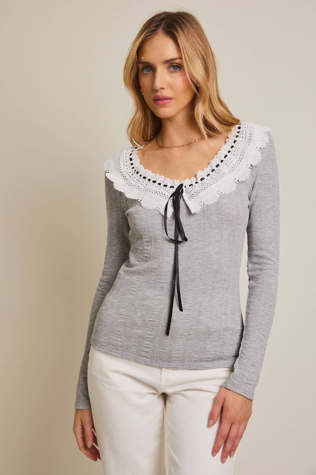 ROUND NECK LACE TRIM DETAIL LONG SLEEVE TOP