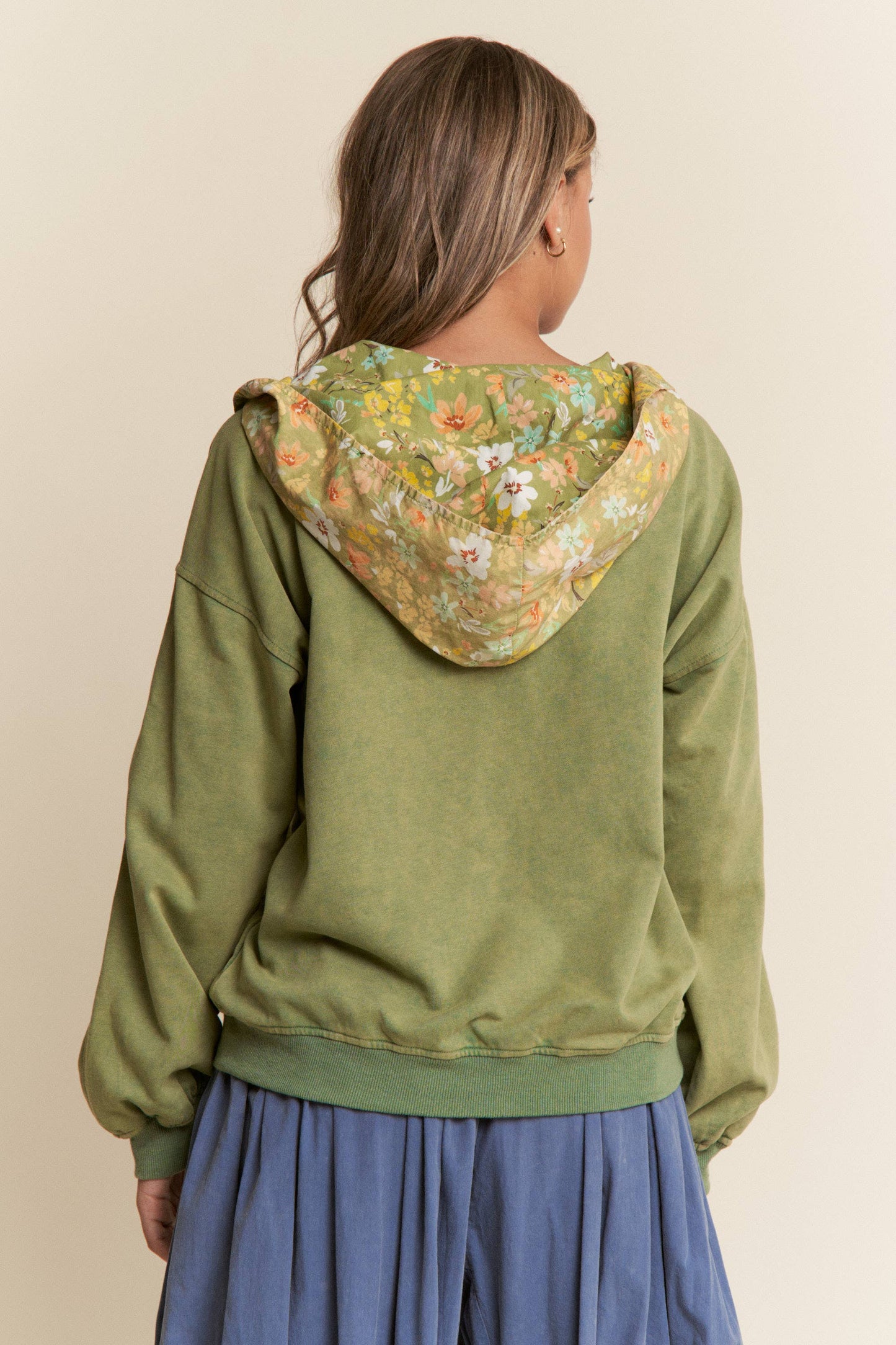 Mineral Washed Floral Print Hooded Pull-Over  S-L/1X-3X