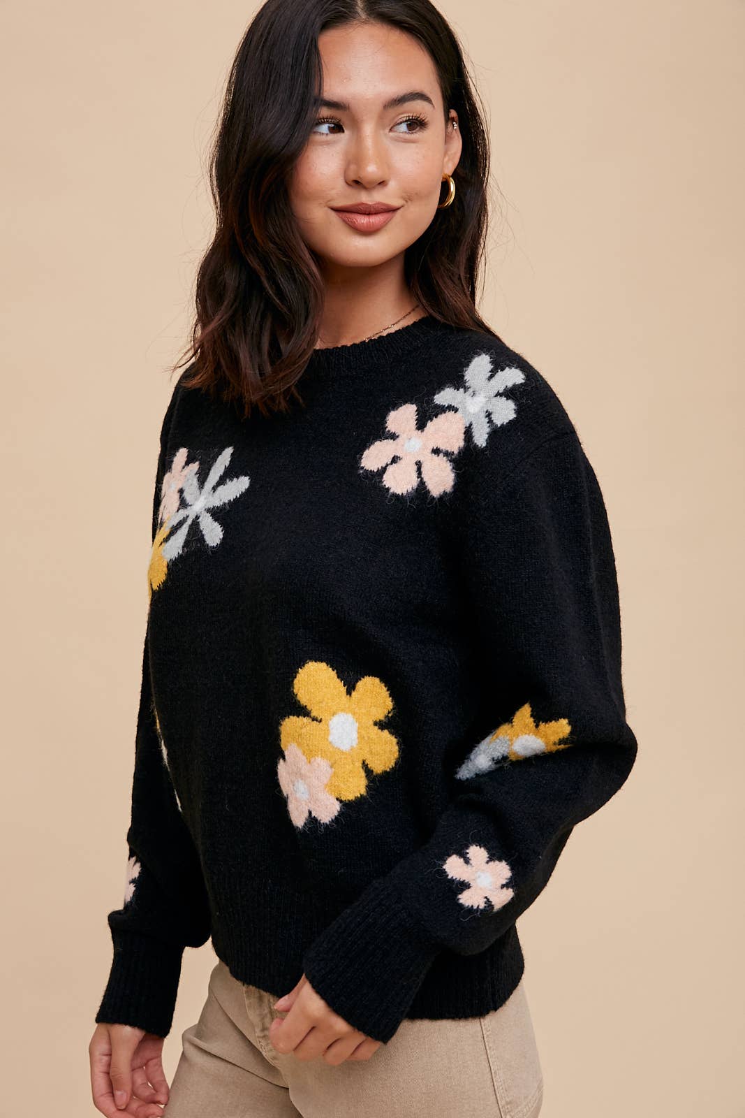 FLORAL CREW NECK INTARSIA SWEATER