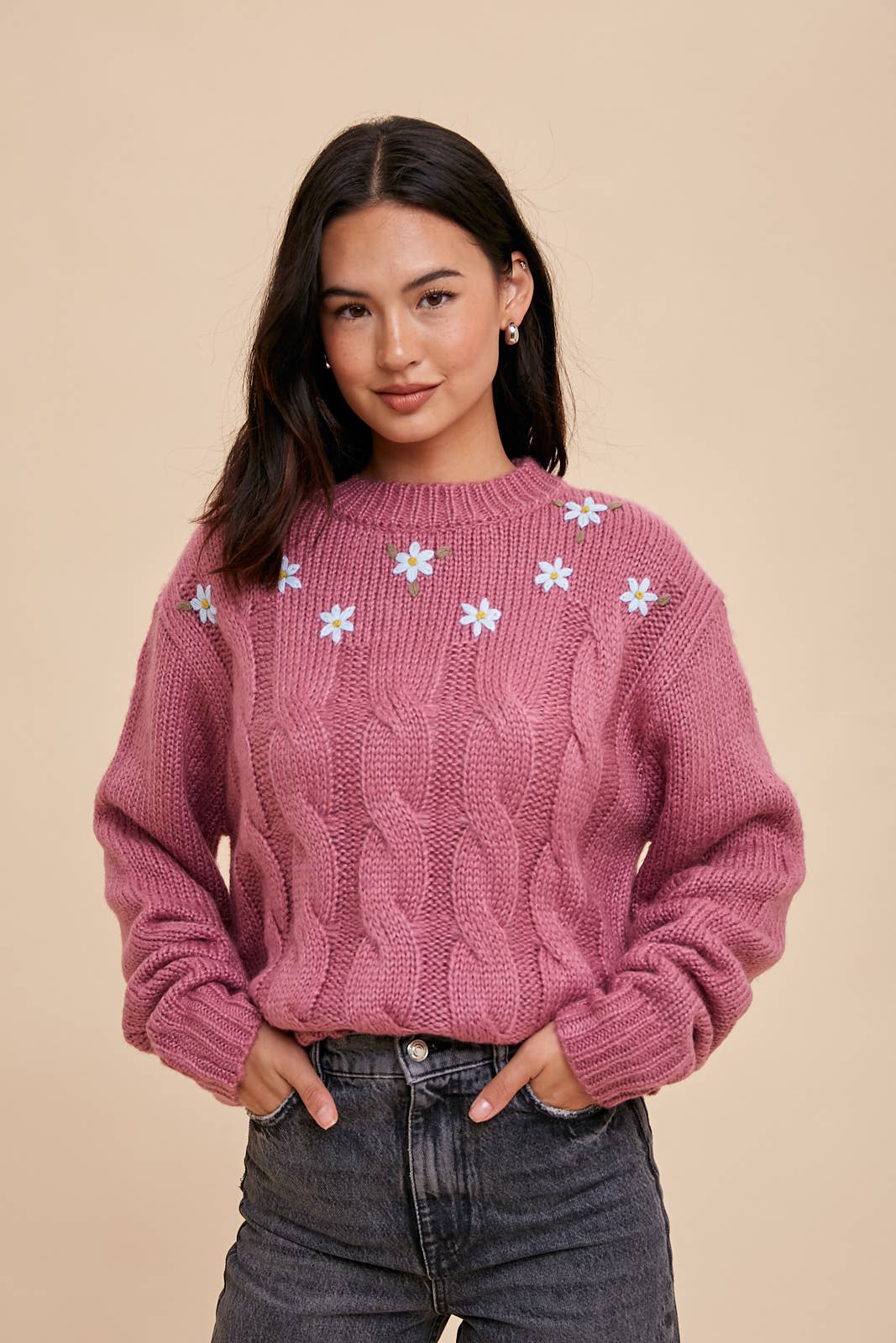 FLORAL CABLE KNIT SWEATER