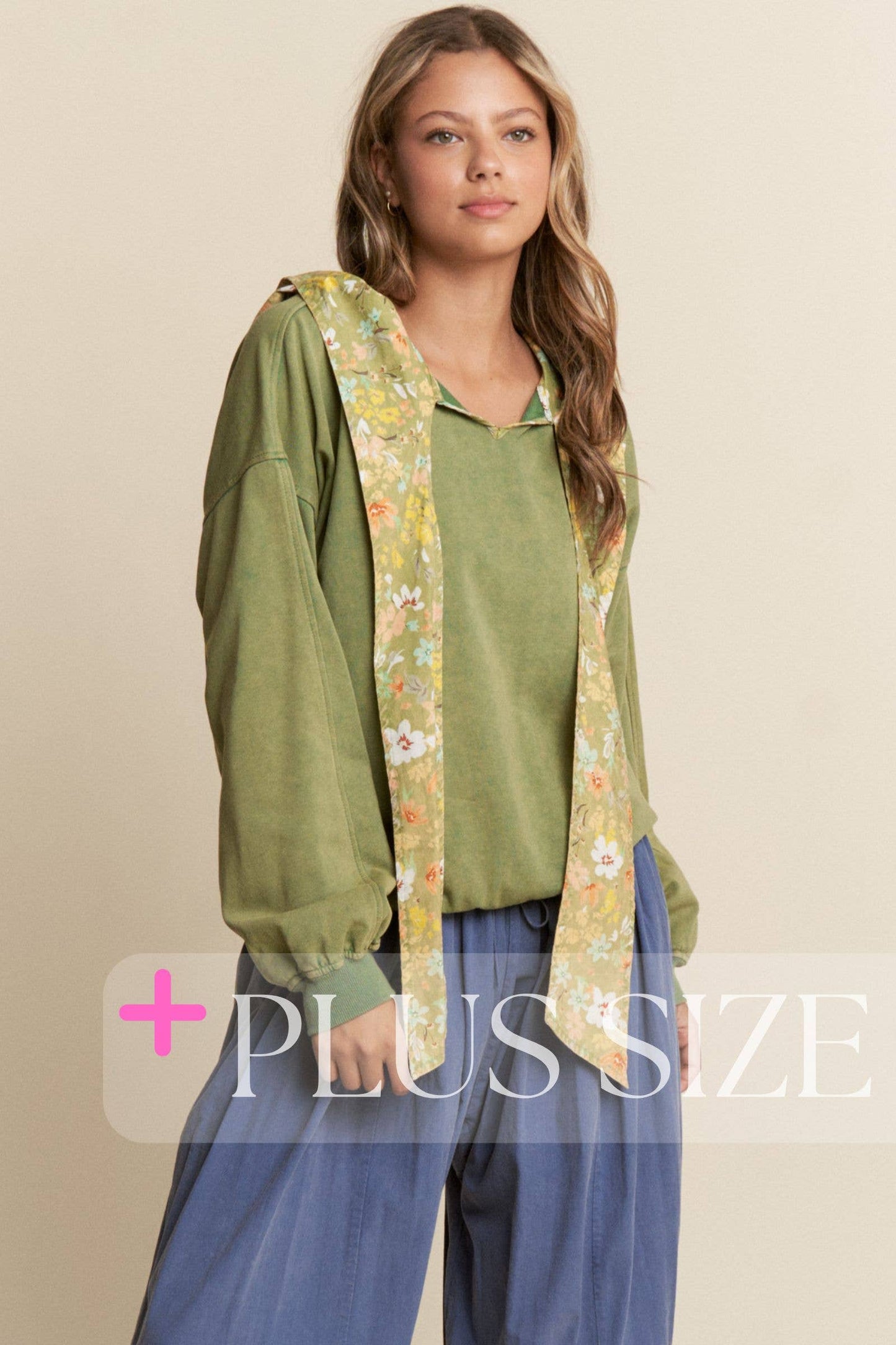 Mineral Washed Floral Print Hooded Pull-Over  S-L/1X-3X