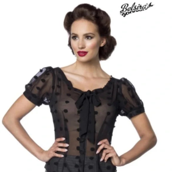 Belsira Vintage-Inspired Black Sheer Polka Dot Blouse