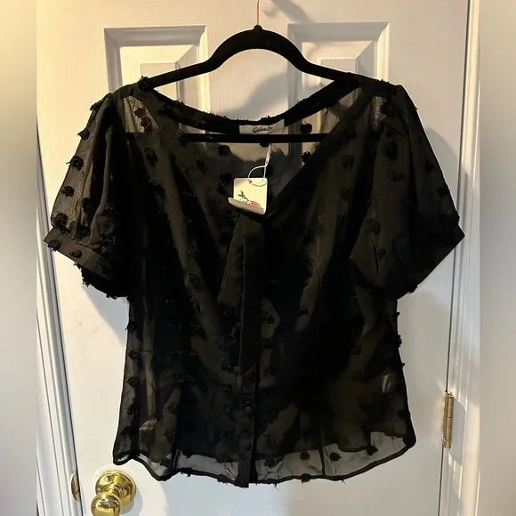 Belsira Vintage-Inspired Black Sheer Polka Dot Blouse